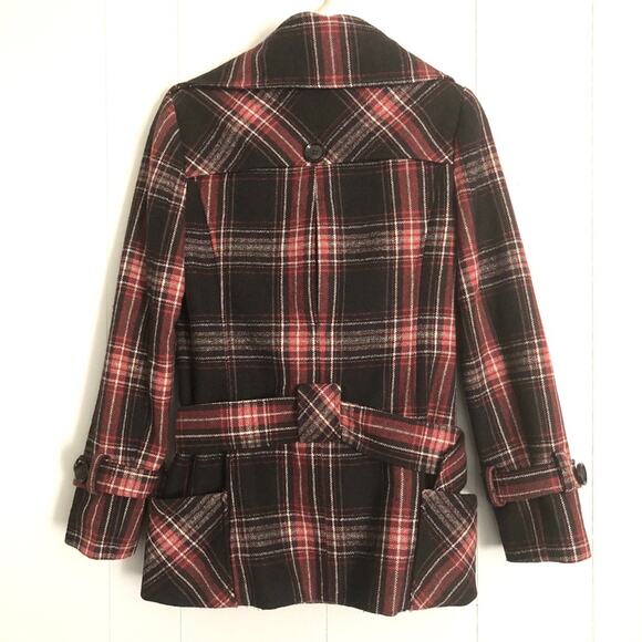Moda brown red wool plaid preppy academia 70s 60s retro belted peacoat XS - Picture 3 of 7